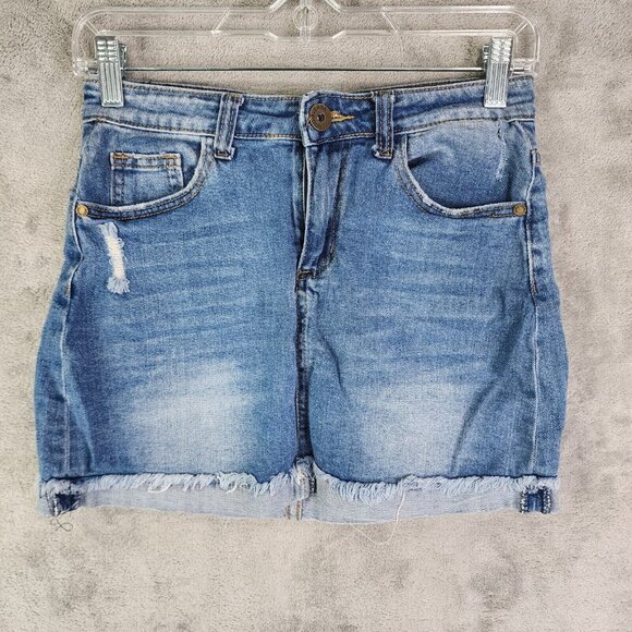 Womens Gogo Jeans Blue Denim Skirt Distressed Cuffed Raw Hem Size 1 - Picture 2 of 12